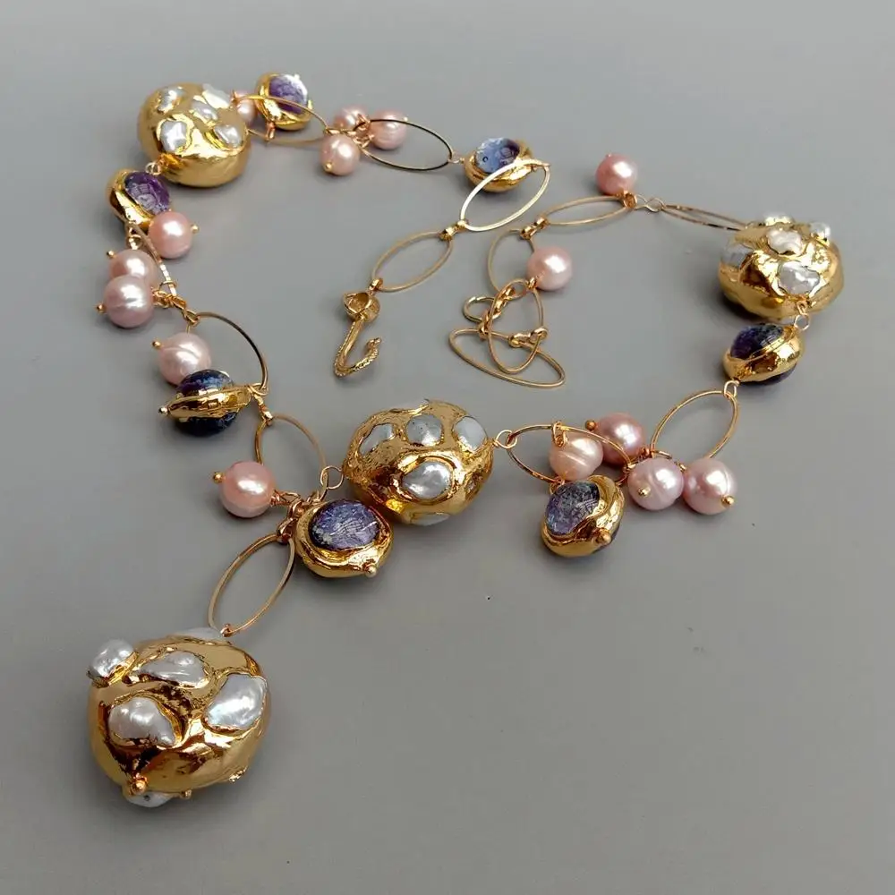KKGEM Natural Freshwater Cultured White Keshi Pearl Pink Pearl Purple Murano Glass Chain Pearl Y-Drop Necklace