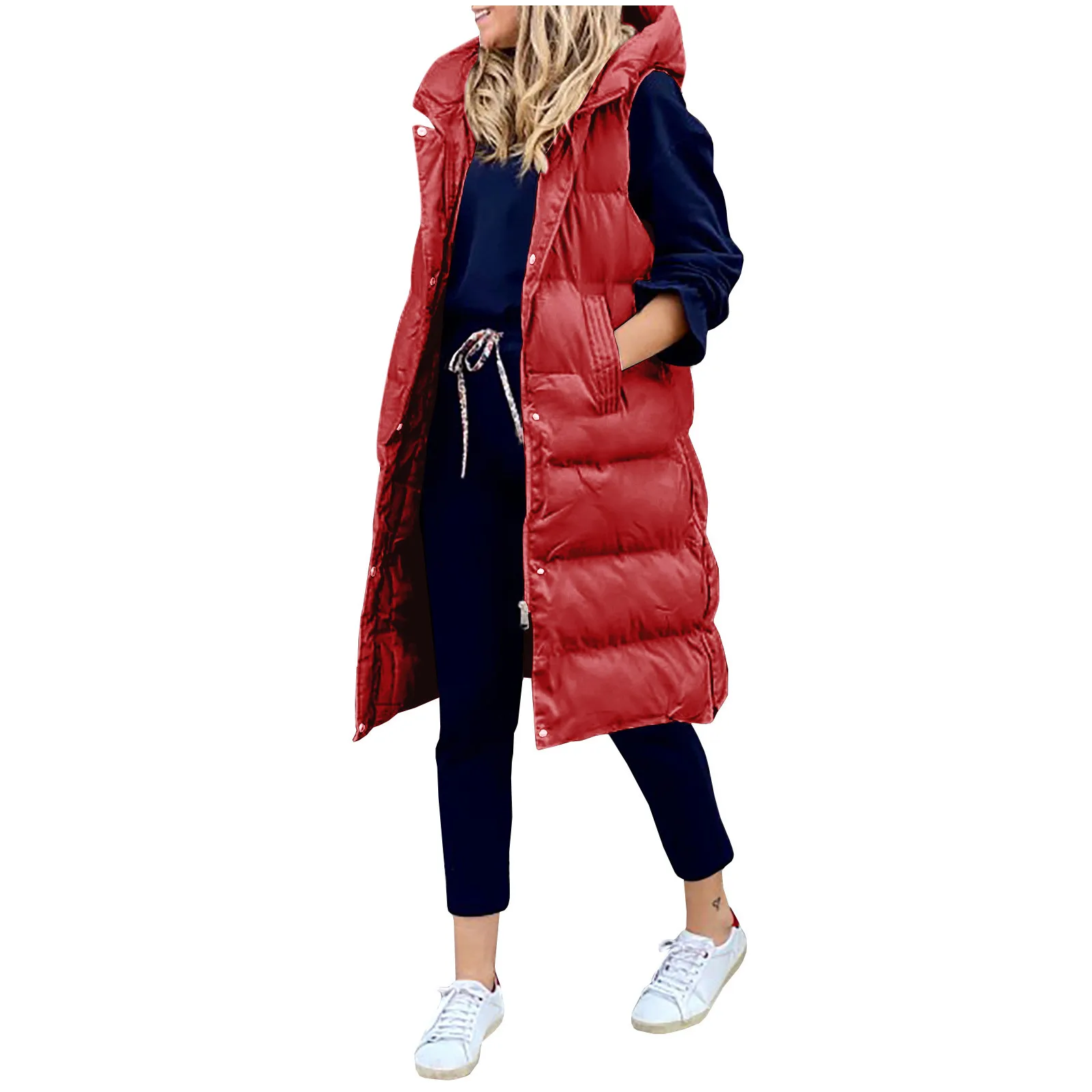 Women\'s Long Winter Coat Vest With Hood Sleeveless Warm Down Coat With Pockets Quilted Vest Down Jacket Quilted Outdoor Jacket