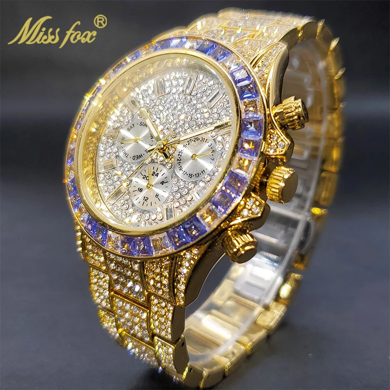 Ouro de luxo relógio masculino à prova dwaterproof água aço inoxidável iced pulseira roxo diamante relógios para masculino três dial trabalho