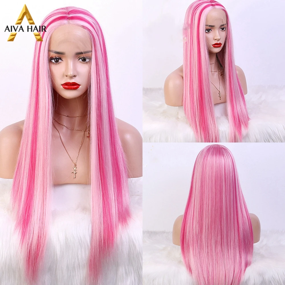 Highlight Pink 30Inch Synthetic 13X4 Lace Front Wig Pre Plucked Hot Pink Color Drag Queen Cosplay Wigs For Women 180% Aiva