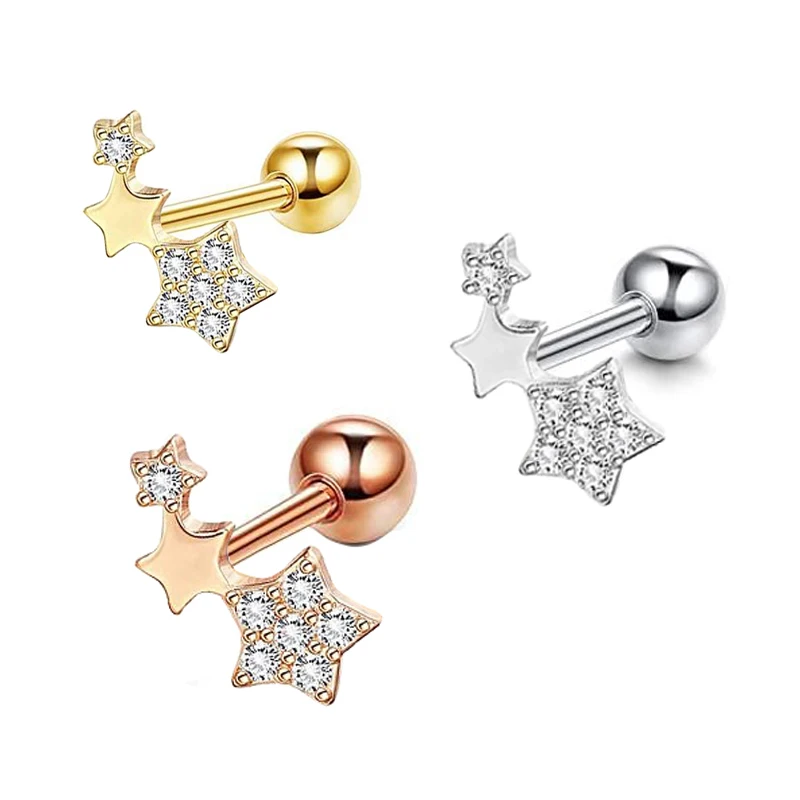 

Surgical steel & Copper Cz Star Long Bar EAR Helix Piercing Tragus Stud Conch Earring Piercing Cartilage Conch Daith Ear