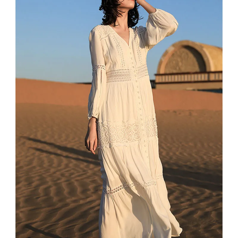 HARLEYFASHION Women Retro Embroidery Hollow Out Casual V-Neck Lantern Sleeve Reduction Age Goddess Beach Style Length Dress