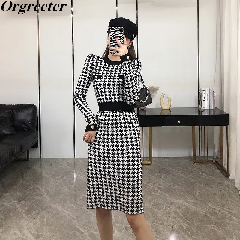 Hepburn style Classic fashion houndstooth Sweater Dress O-neck Pullover Hit color Slim Long Sleeve OL Work Elegant Knitted Dress