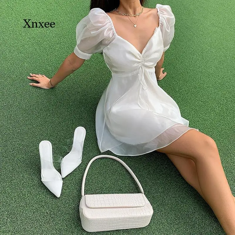 

V Neck Solid Mini Dress A Line Summer Sexy Low Chest Casual Dresses Women Elegant Lace Up Bodycon Fashion Lady New Clothes