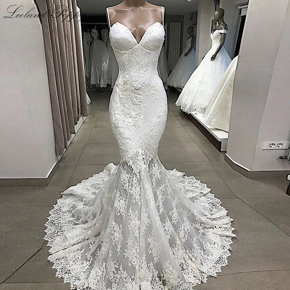 Lceland Poppy V Neck Lace Mermaid Wedding Dresses Vestido de Noiva Sleeveless Floor Length Lace Up Spaghetti Straps Bridal Gowns