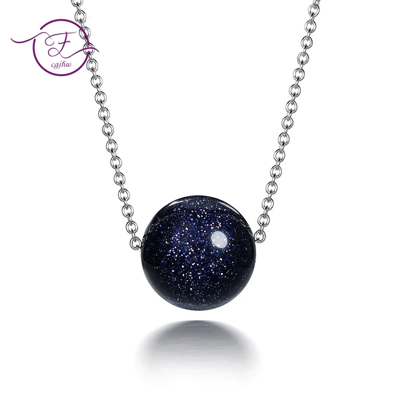 Sterling Silver 925 Necklaces Women Jewelry Natural Stone Blue Sand Sun Sitara Aventurine Stone Round Beads Korean Style