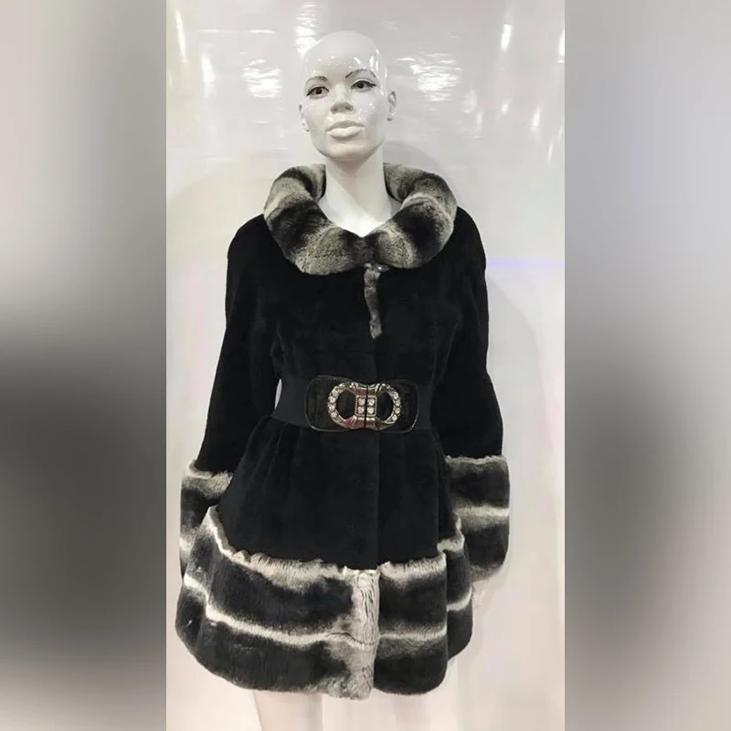 Fashion Black Real Rex Rabbit Fur Coat with Turn-down Collar Natural Women Winter New Full Pelt Rex Rabbit Fur Jacket Woman