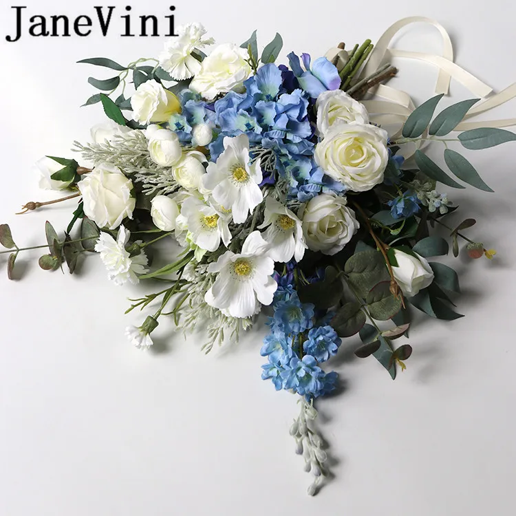 JaneVini – Bouquet de mariage en soie, fleurs bleues artificielles, fait à la main, feuille de Rose jaune, demoiselle d'honneur