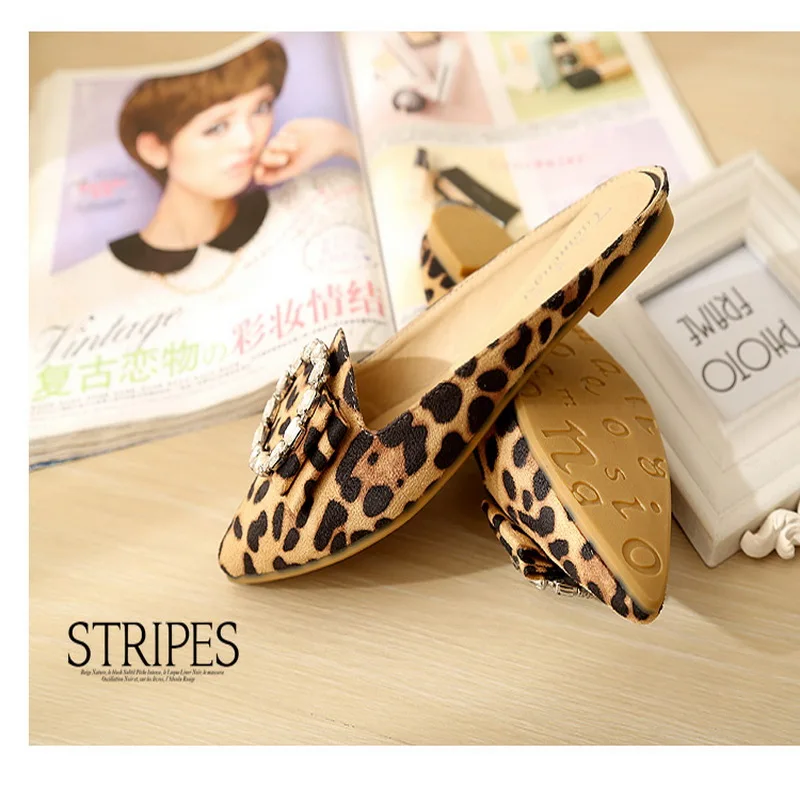 Taomengsi Women's Shoes Casual Diamond Leopard Sandals Baotou Lazy Slippers Pointed Wrapping Purple Color Flat Shoes