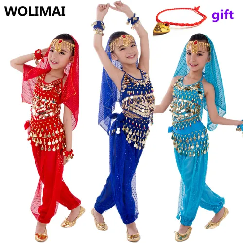 Trajes de danza del vientre para niños, conjunto de danza del vientre para niñas, Bollywood, actuación india, ropa hecha a mano, 6 colores