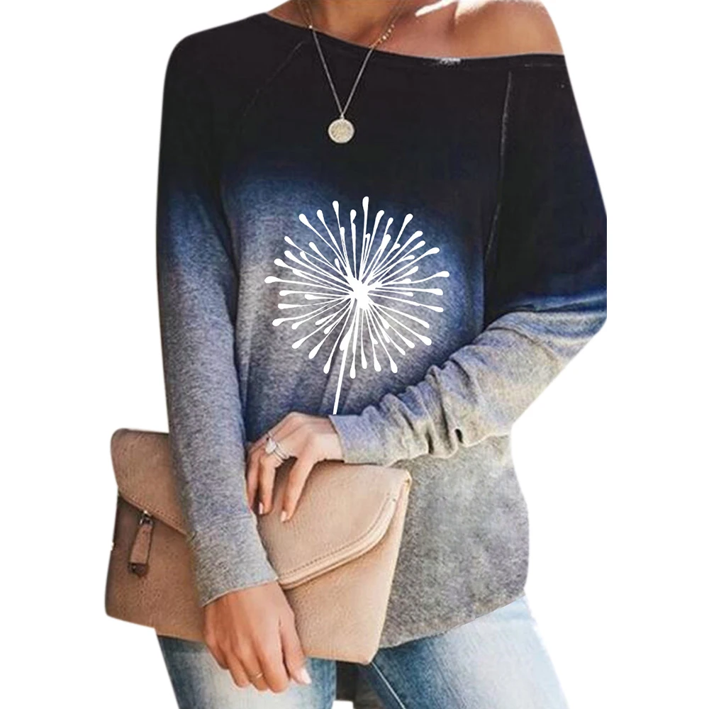 Autumn Elements Long Sleeve Casual Tops Women O-Neck Gradient Single Bunch Dandelion PrintingT-shirt 2021 Hip Hop Loose T-shirt