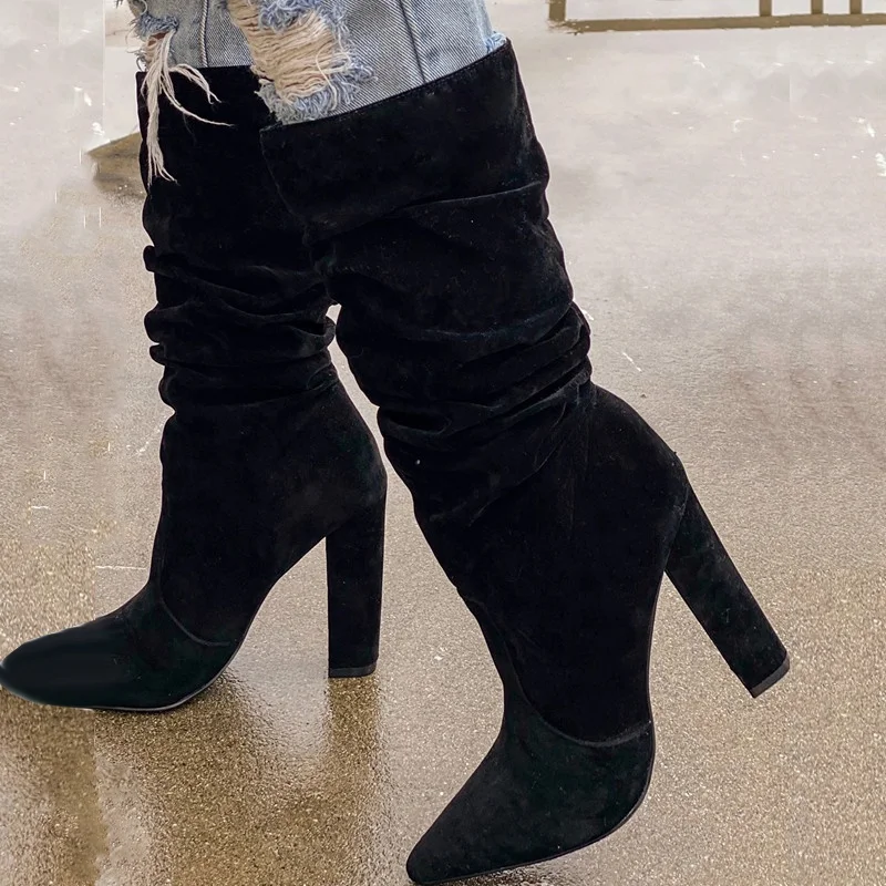 Botas de tacón cuadrado elásticas plisadas Talla 43 Zapatos de vestir de fiesta Ante verde Tacón grueso Botas de media pantorrilla Punta puntiaguda