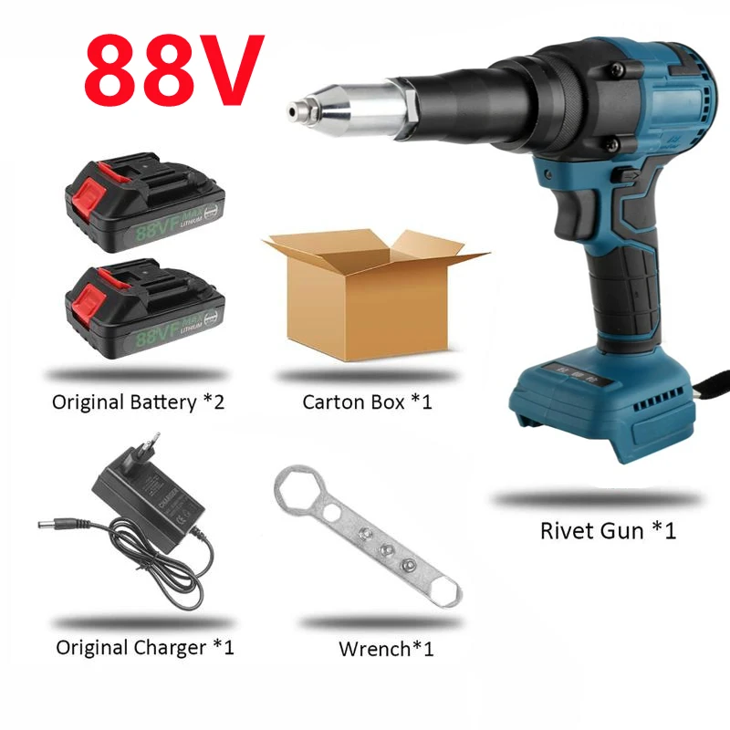 

88VF 1500mAh Brushess Electric Rivet Gun Cordless Rivet Nut Gun Drill Insert Riveting Tool with LED Light 1/2PC Battery Kit