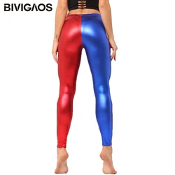 BIVIGAOS brązujący błyszcząca skóra legginsy Stretch metalowe skórzane legginsy Punk Rock spodnie Multicolor Gothic Sexy legginsy damskie