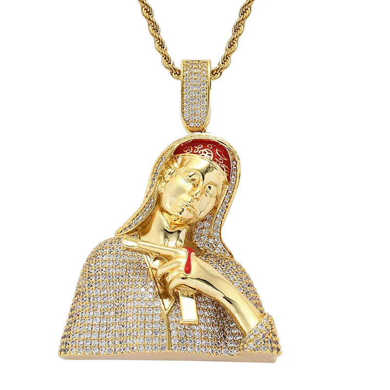 Hip Hop Micro Paved AAA+ Cubic Zirconia Bling Iced Out Hold Gun Virgin Mary Pendants Necklaces for Men Rapper Jewelry