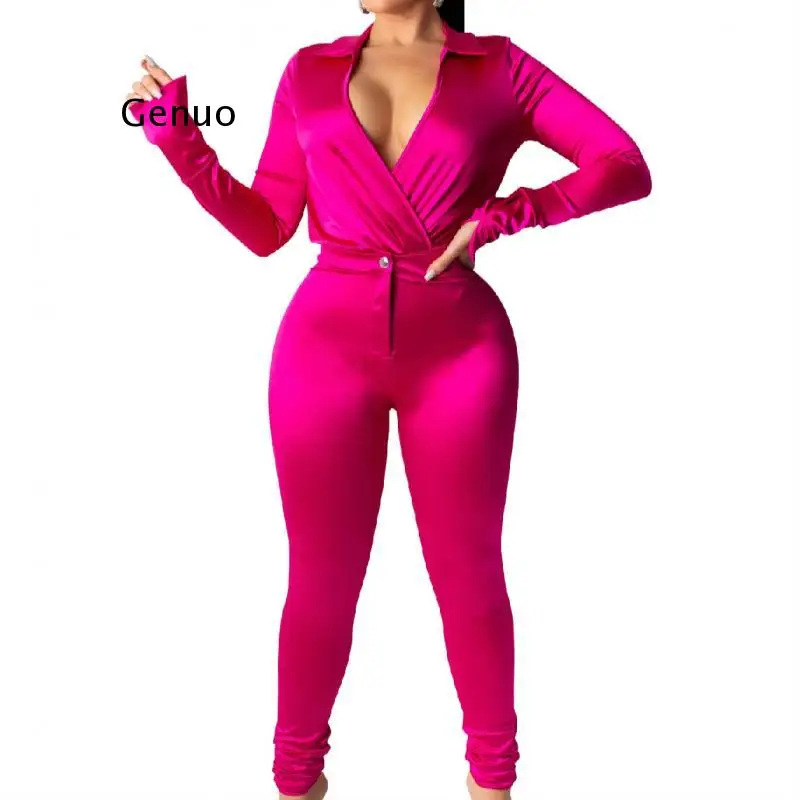 Satin Silk Sexy Two Piece Set Women Deep V-Neck Crop Top +Pants 2 Piece Set Bodycon Bandage Suits Casual Ol Wear