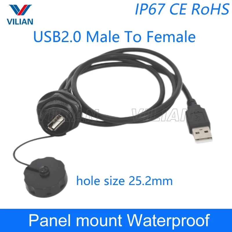 50pcs USB Waterproof connector USB2.0 Panel Mount IP67 Water proof Cable 1m USB Socket Male to Female Extension cord cables