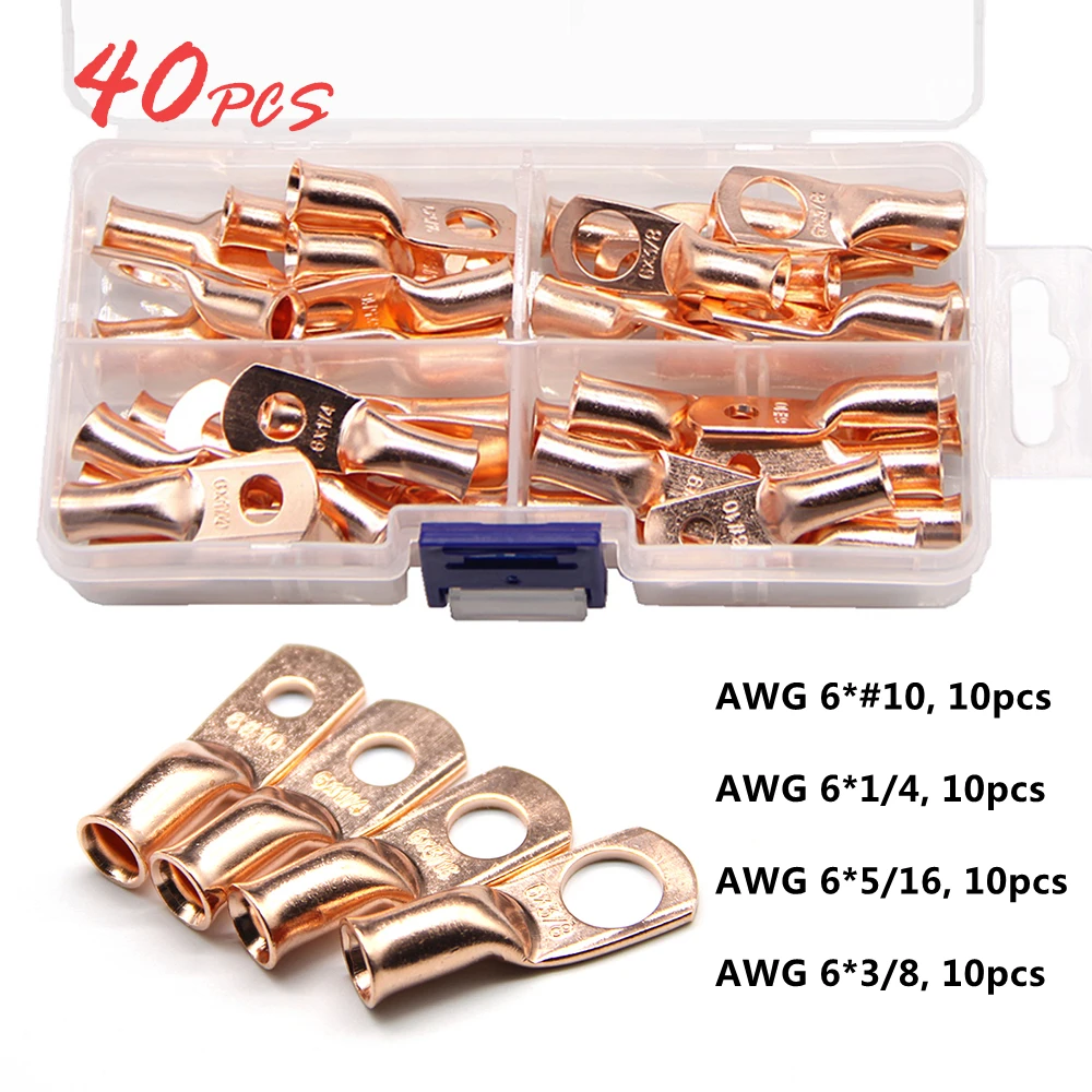 

40PCS Copper Ring Terminal Wire Crimp Connector Bare Cable Battery Terminals Assortment Car Auto Kit