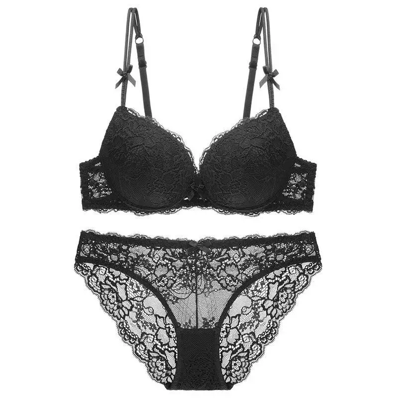 Black Super Push Up Bras And Panty Sets Sexy Lingerie For Women Lace Thick Cotton Embroidery Plus Size Women\'s Underwear Bra Set