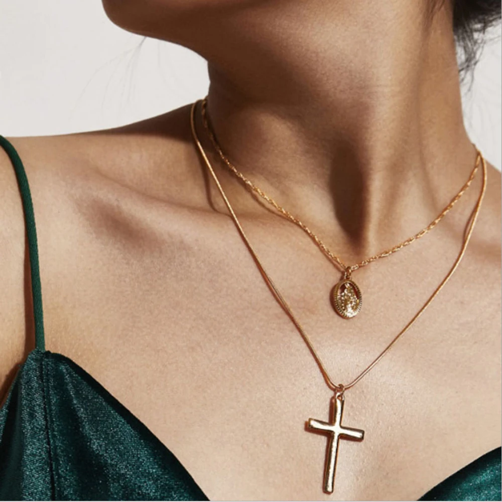 Fashion two layer necklace Oval-shaped Virgin Mary Madonna cross Pendant silver color Gold color metal snake chain