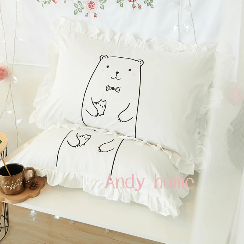 Cartoon Pig Pink Heart Pillow Case White Cotton Embroidered Pillowcase With Ruffle Home Bedroom Girls Cute Bedding Decor