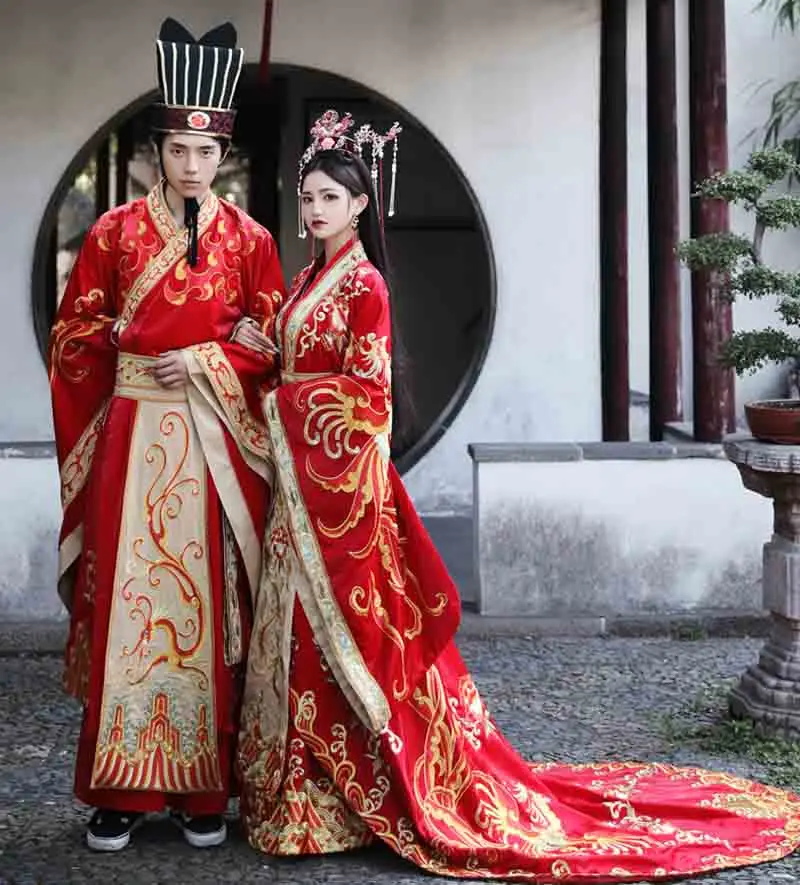 Luxury Hanfu Men/Women Chinese Traditional Embroidery Wedding Hanfu Red Dress Couples Cosplay Costume For Couples Plus Size 2XL