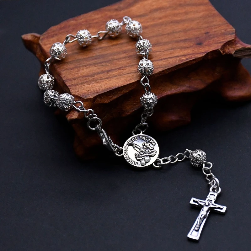 QIGO Vintage Hollow Out Metal Beads Cross Rosary Bracelet With Box Religious Pray Jewelry For Men Women