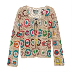 Retro hollow long-sleeved cardigan 2023 spring and autumn new women's ethnic style coat crocheted sweater