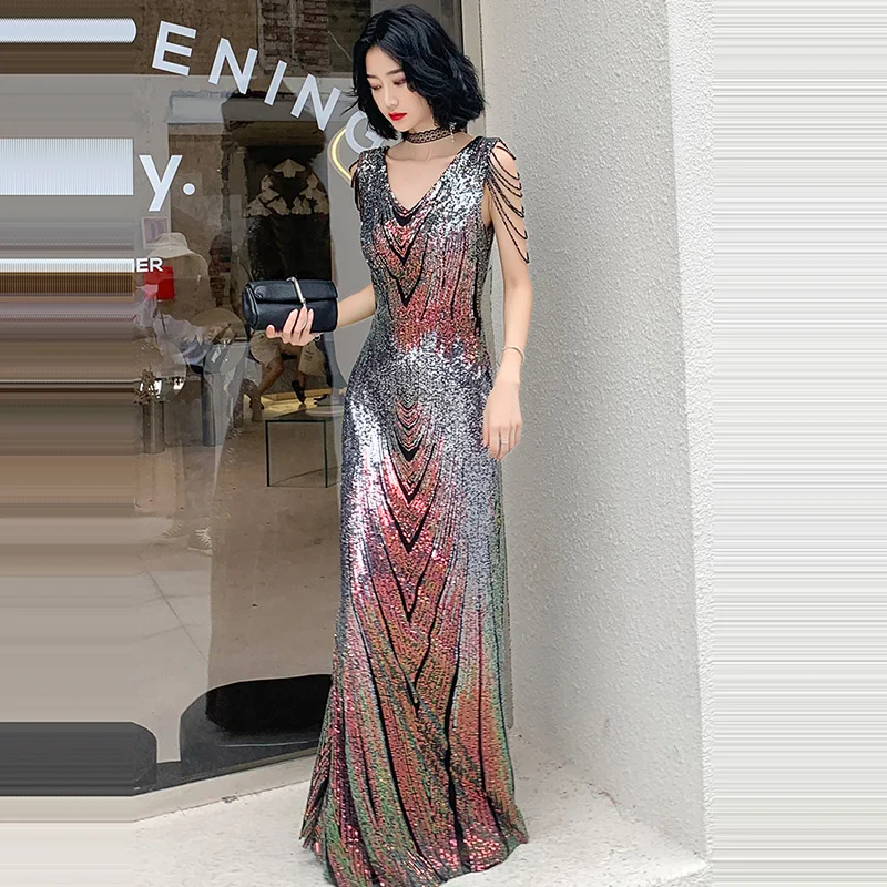 Evening Dress  Floor Length Women Party Dresses 2019 Double V-neck Robe De Soiree Sleeveless Sequin Formal Evening Gowns F218