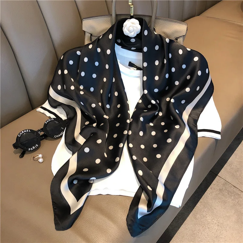 

Large Square Twill Silk Scarf Winter Pashmina For Women Shawls Evening Wraps Satin Headscarf Polka Dots Striped Printed Cape