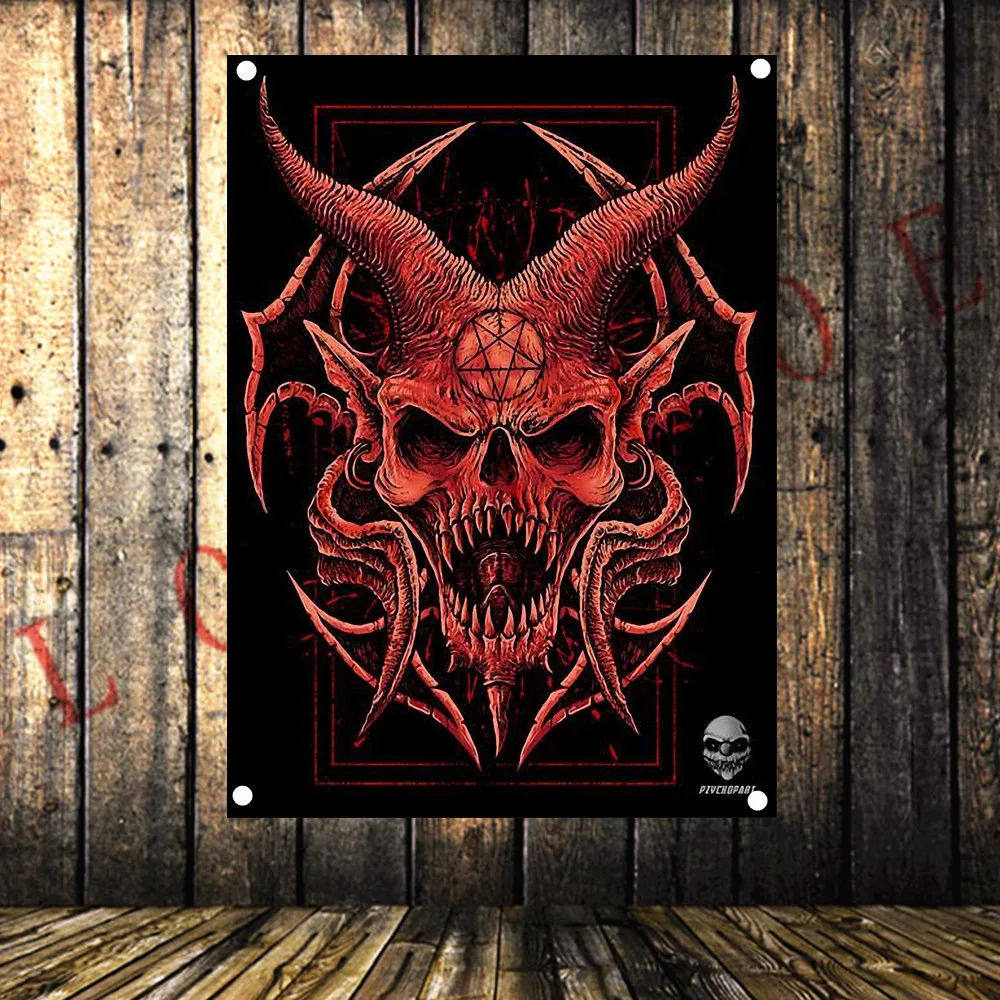 

Exaggerated tattoo manuscript Vintage Skull Flag Rock and Roll Music Poster Banner Wall Hanging Tapestry Bar Cafe Decor