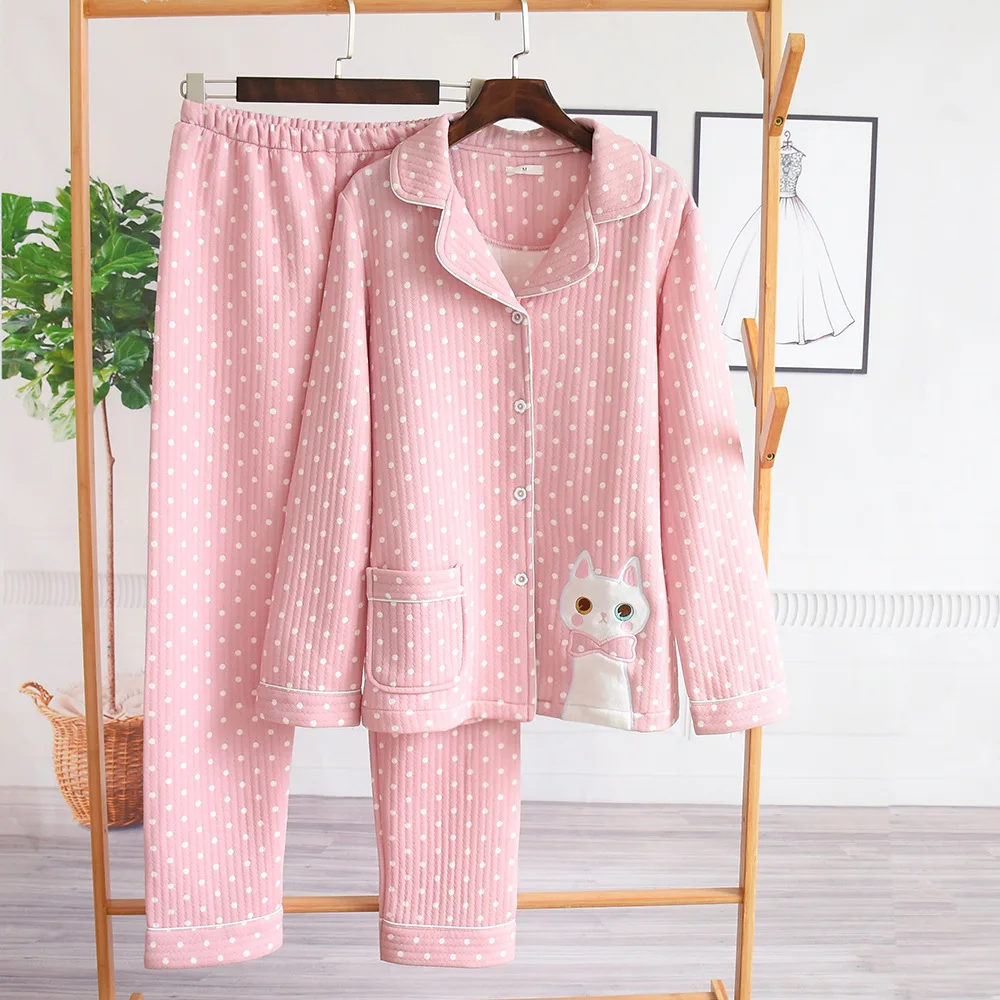 2024 Winter 100%Cotton Pajamas For Women Thick Warm Home Clothes Suit Kawaii Cat Embroidery Homewear Female Lounge Wear Autumn