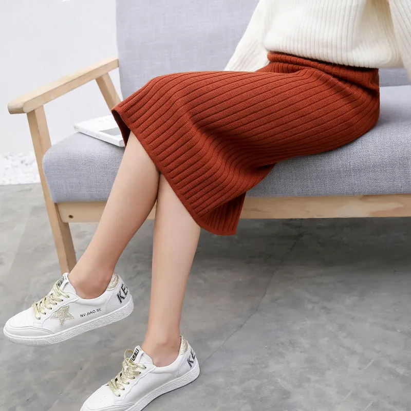 High Waist Women Knitted Skirt Spring Autumn Fashion Rib Skirt Elegant Midi Female Casual Skirt Pencil Elastic Band Women Skirts