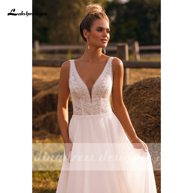 Personalizar Boho A-Line vestido de novia de alta calidad sin mangas sin espalda tren de barrido blanco marfil gasa vestidos de novia Robe De Mariée