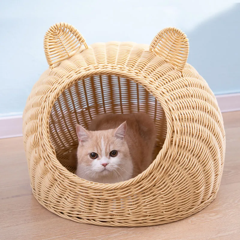 Handmade Travel Cats Bed Nest Washable Four Seasons Universal Cute Shape Closed Imitation Rattan House Strong Durable