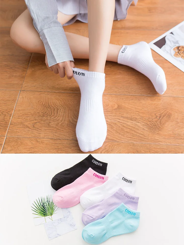 

5 Pairs Solid Color Women Socks Cute Breathable Sports Casual Colorful Cotton Ankle Socks Set High Quality Soft Girl Size 35-39