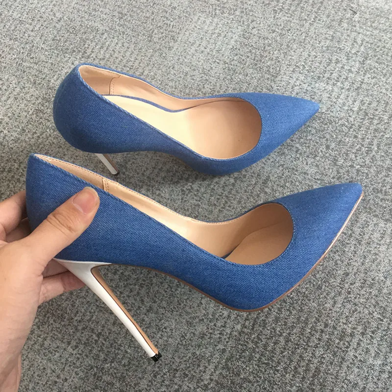 Women Classic Pumps Extreme Thin High Heels Sexy Stilettos Ladies Pointed Toe Shoes Black Blue Denim Pumps White Heeled D026B