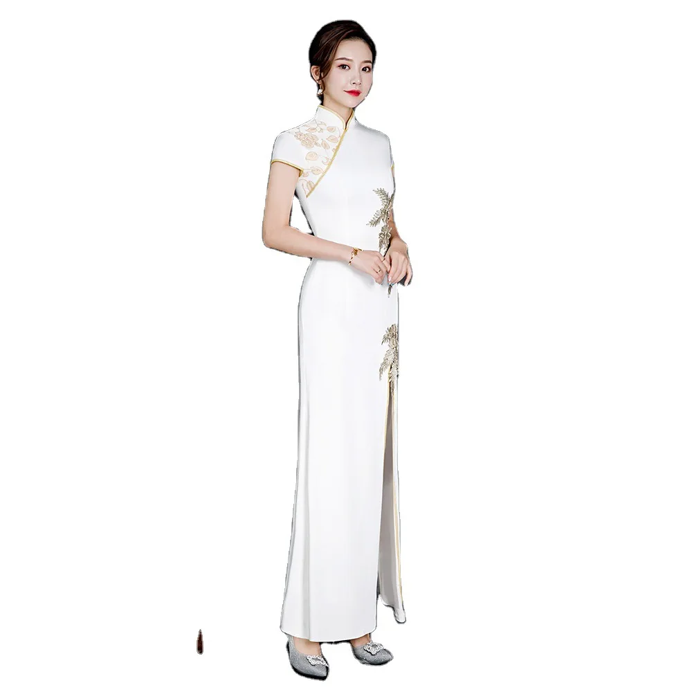 White Lady Classical Diagonal Qipao Elegant Side Split Applique Satin Chinese Dresses Show Cheongsam Long Skirt Formal Prom Gown