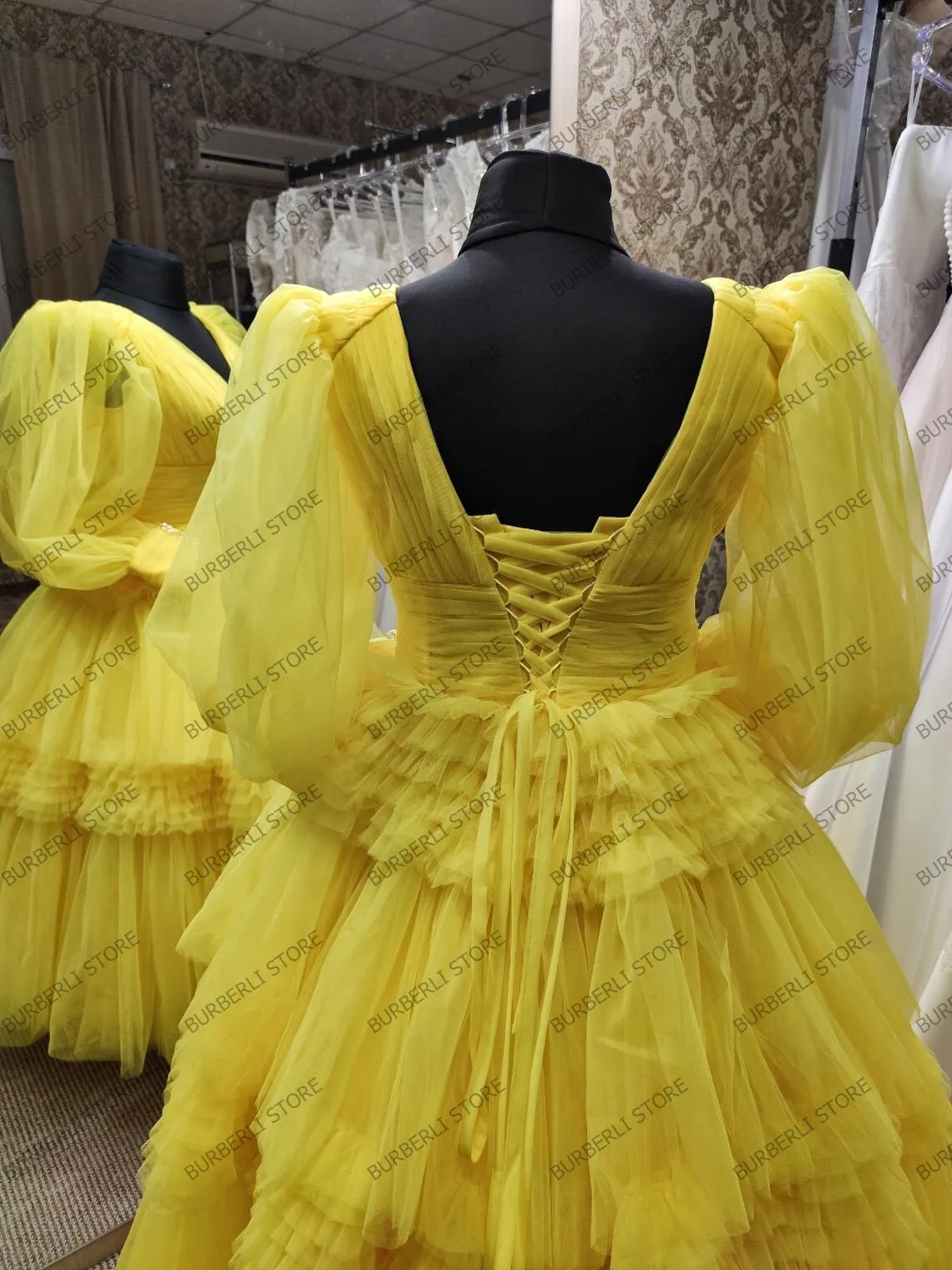 Real Image Puffy Yellow Tulle Ball Gowns Mid-Calf Elegant Ruffles Tiered Women Dress To Birthday Party V-neck Puff Long Sleeves