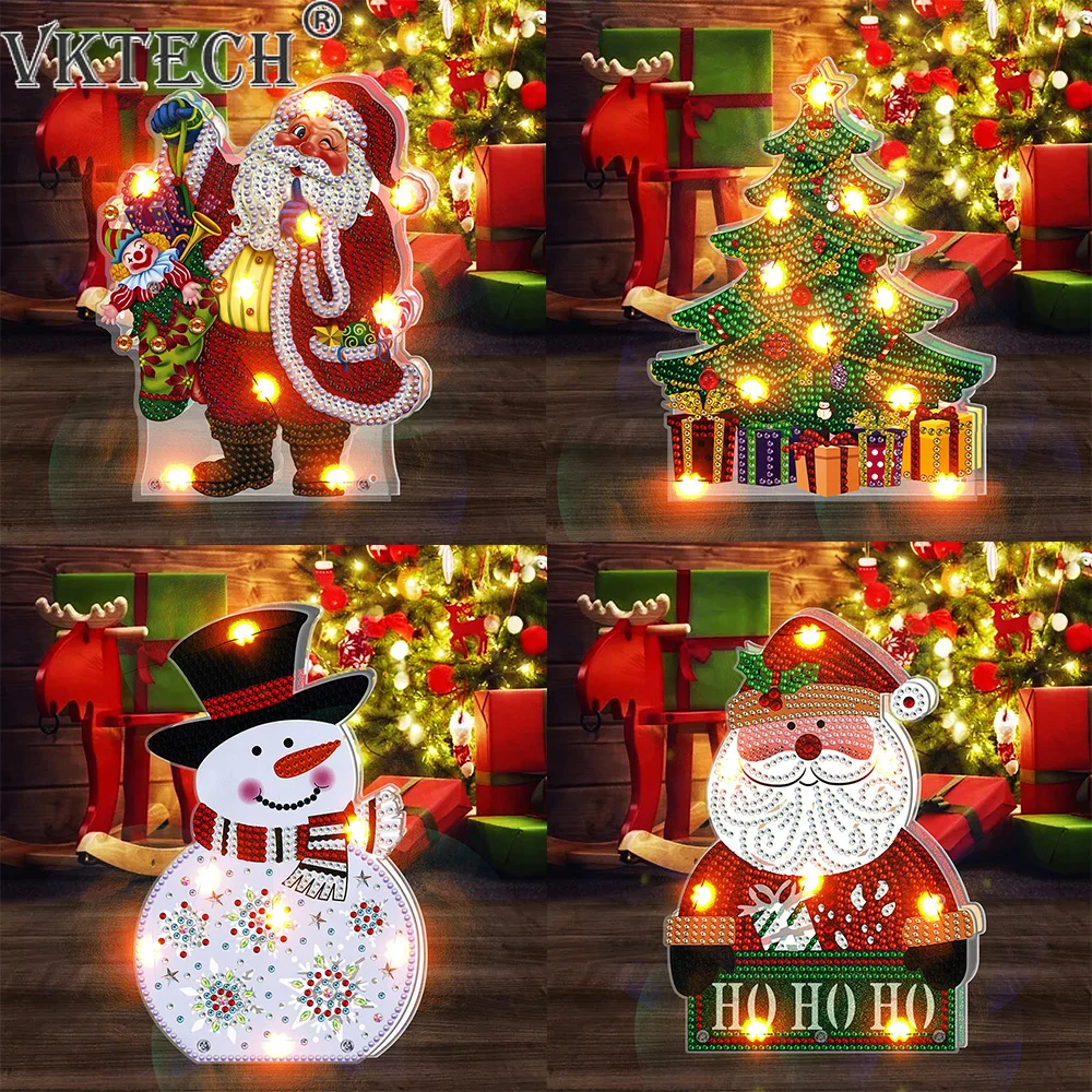 DIY Diamond Painting LED Light Christmas Tree Snowman Drawing Kit Bedside Night Light Drilling Arts Crafts Lamp Xmas Home Decora