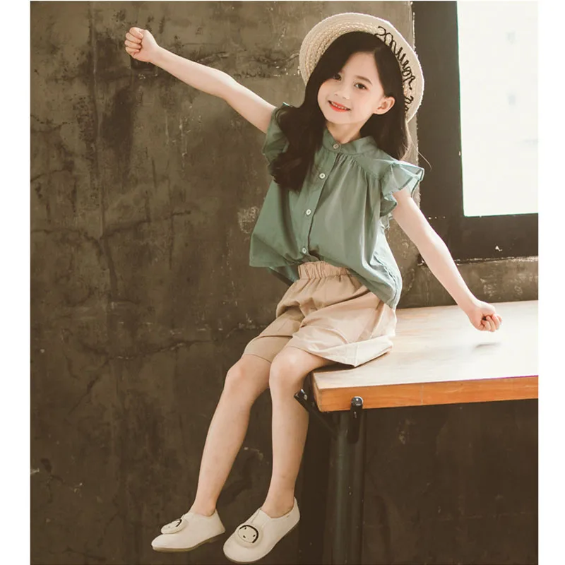 Girls' Summer Clothes New Korean Button Short Sleeve+Elastic Shorts Fashionable Suit Children'S Clothing For Teens 4 5 7 9 11 13