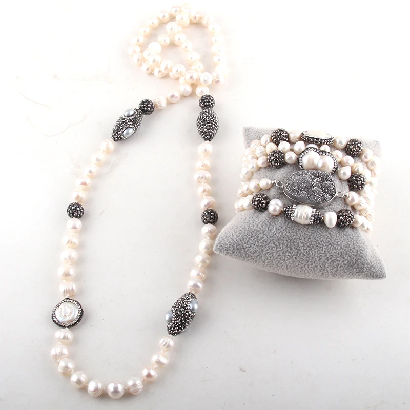 RH Fashion Jewelry Set Pearl Beads Knotted Handmake Paved Freshwater Pearl Necklace and Bracelet Set For Women Jewelry