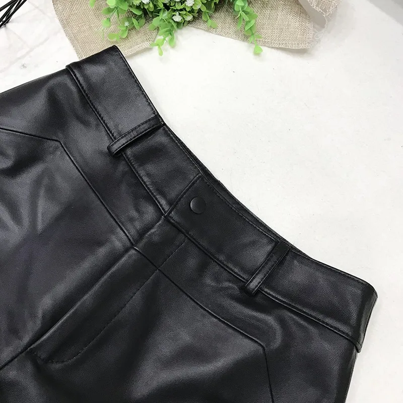 Fashion Casual Knee Length Shorts Women Loose Fit High Waist Sheepskin Genuine Leather Shorts Joggers Short Trousers Female 3XL