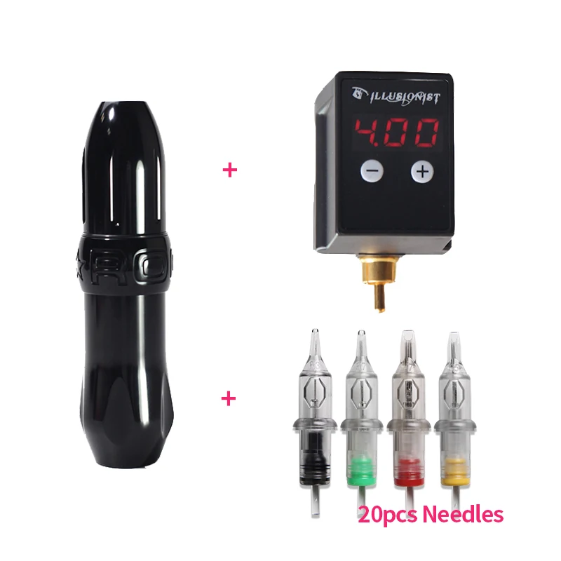 Professional Permanent Rocket Rotary Tattoo Machine with Wireless Mini Tattoo Power RCA Connector Mix 20pcs Cartridge Needles