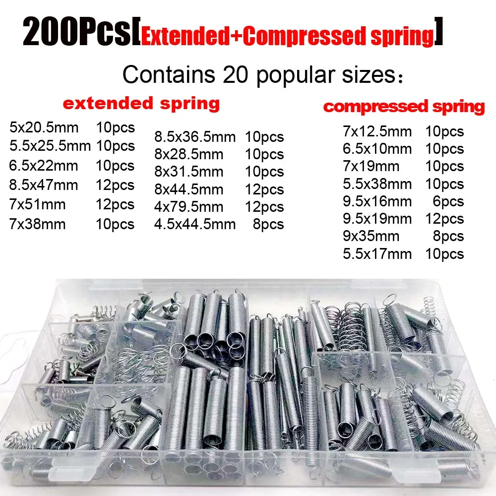 200pcs 20 Popular Sizes Spiral Galvanized Extended Compressed Spring Assortment Kit Box Set L=10 - 79.5mm