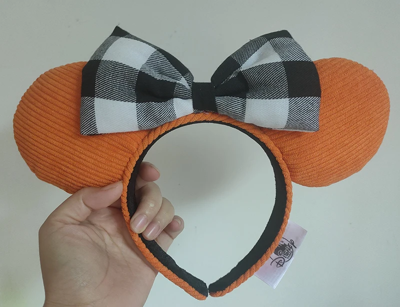 

2021 Disney Parks Ears Headband Black White Check Orange Corduroy