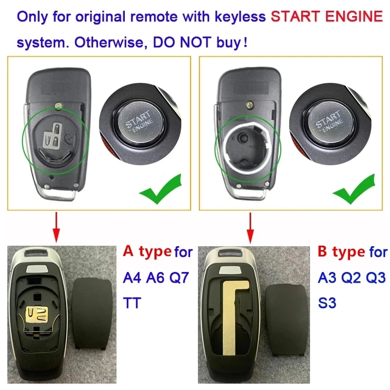 KEYECU Modified Keyless Go Flip Remote Car Key Shell Case With 3 Buttons Fob for Audi A3 A4 A6 A8 TT Q2 Q3 Q5 Q7 S3 A5 A7 RS3