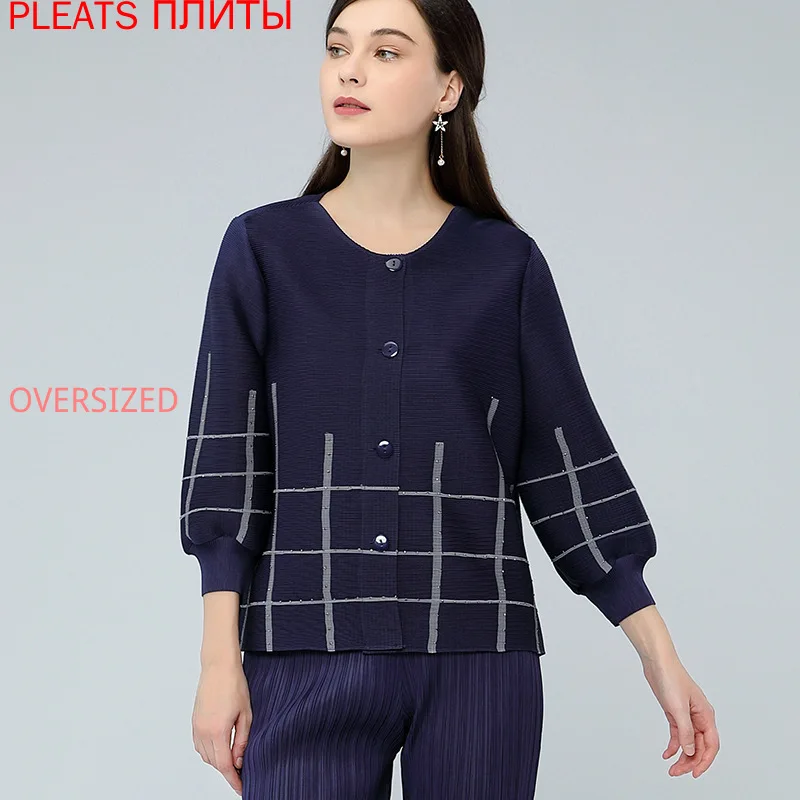 MIYAKE-Single Breasted Pleated Jacket for Women, Round Collar, Lantern Sleeve, Spring and Autumn Cardigan, Hot Drill