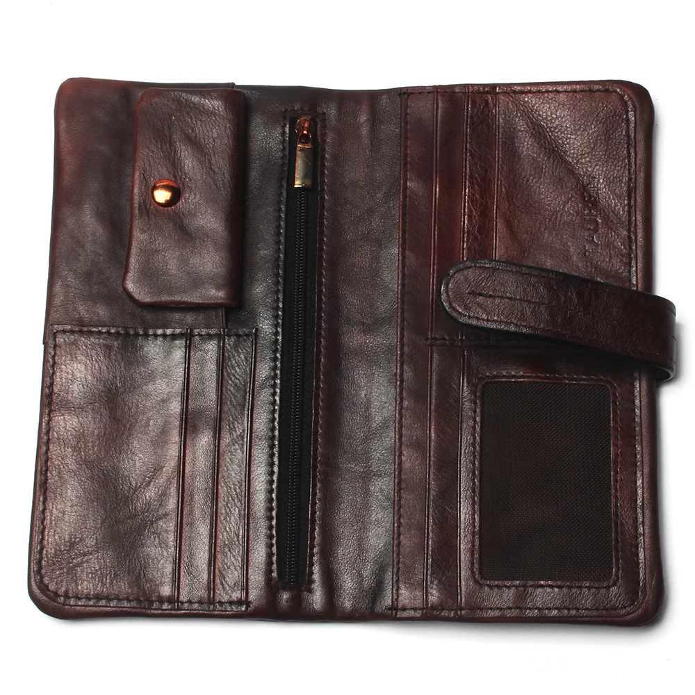 Carteira de couro genuíno para homens, cor de corante, bolsa masculina luxuosa, carteira de marca, bolso para telefone, longa, artesanal