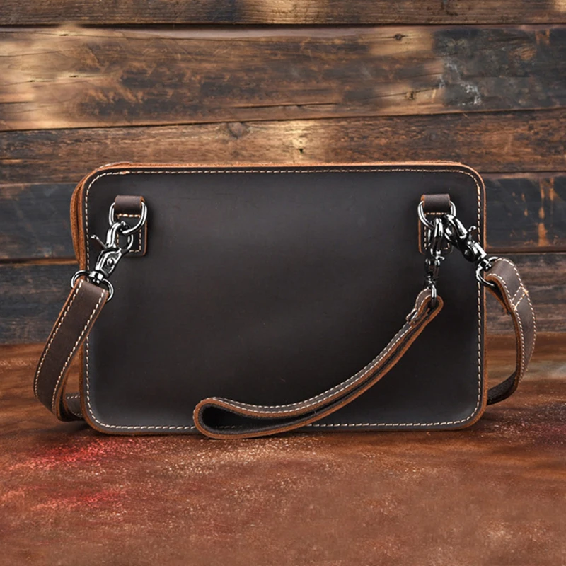 Luufan Crazy Horse Leather Men Small Hand Clutch Bag Cow Leather Shoulder Clutch Wallet With Chain Business Sling Document bag